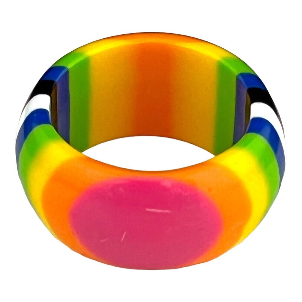 Vintage 1970s Lucite Ring Rainbow Striped Band Neon Multicolor Chunky Mod - 13S
